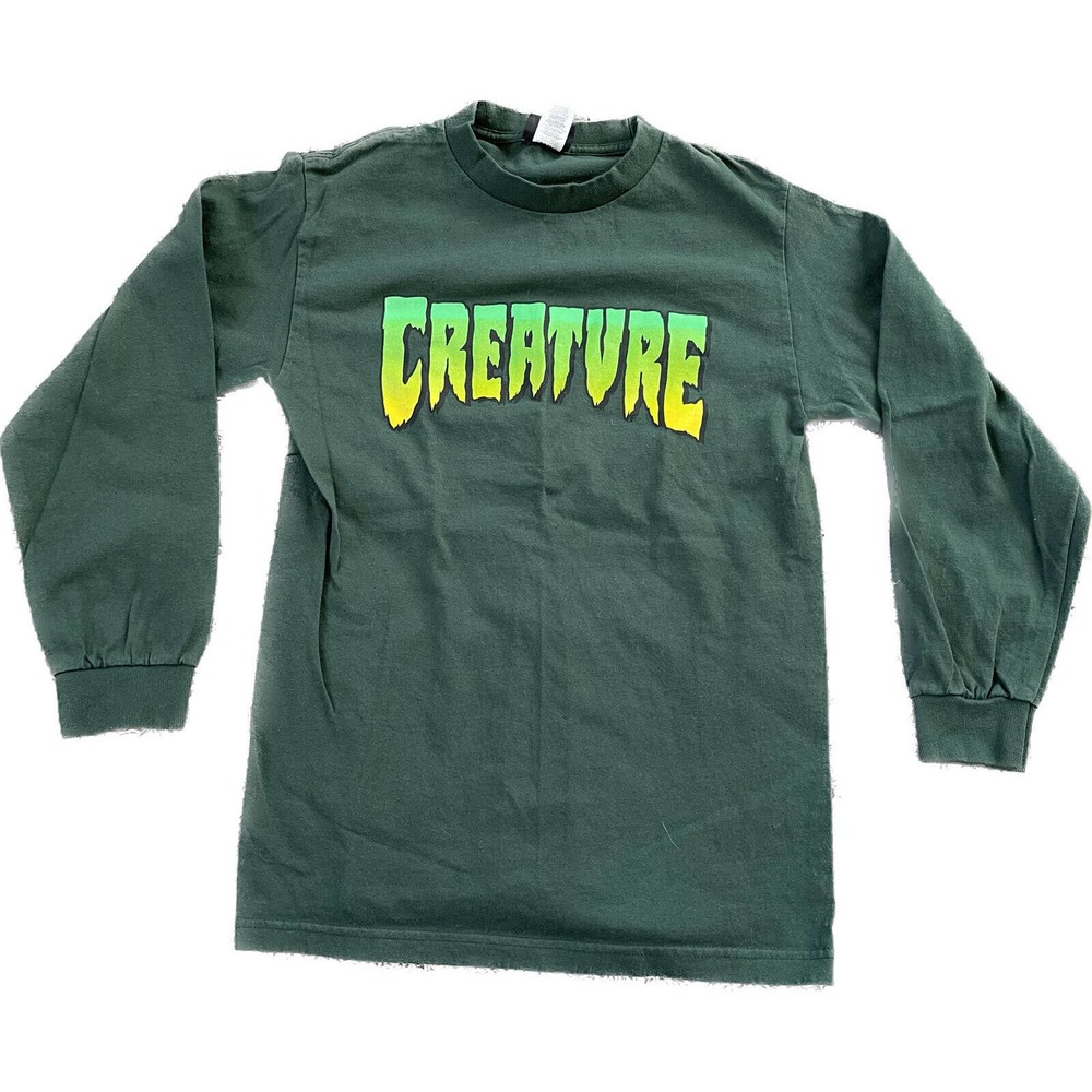 Vintage NHS Creature Skateboards T Shirt Mens Small Spell Out Green Skate Y2K